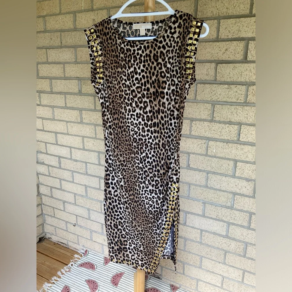 Michael Kors Side Slit Gold Studded Leopard Print Dress Side Ruched Dress
